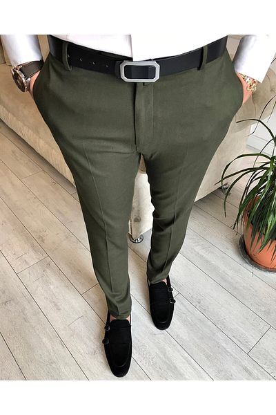 TerziAdemAltun Italian Style Slim Fit Men's Fabric Trousers Green T6533