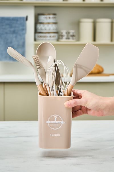 Karaca Zoey 7 Piece Beige Serving Set - Beech Wood Handle Silicone Head Stand