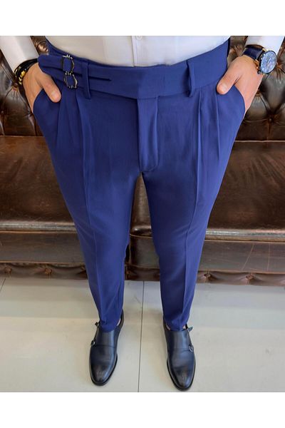 TerziAdemAltun Italian Cut Belted Pleated Blue Fabric Trousers T8846