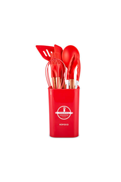 Karaca Zoey 7-Piece Red Beech Handle Silicone Head with Stand Service Set