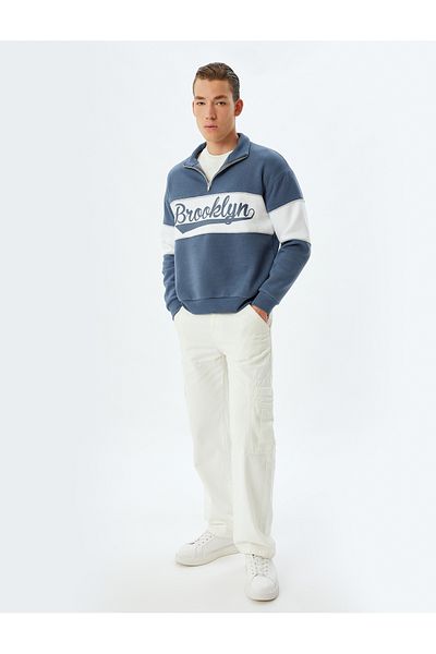 Koton College Printed Oversize Sweatshirt - Half Zipper, Color Block, Cotton Blend