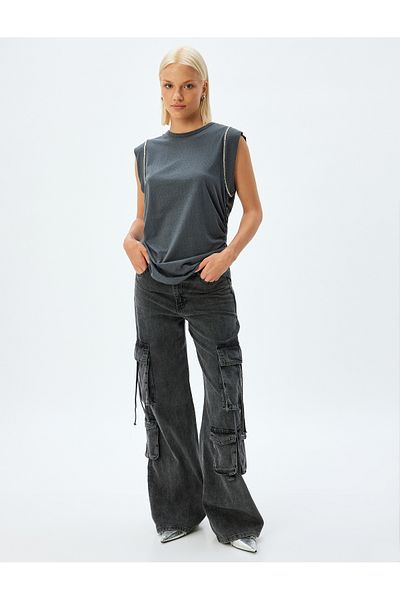 Koton Rhinestone Sleeveless T-Shirt Round Neck Drape Detail