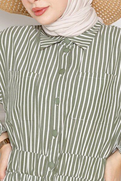 Sevitli Φόρεμα με ρίγες σε χακί χρώμα με κουμπιά στο πάτο