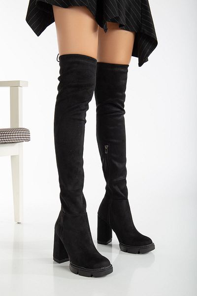 MaskButik Cizme Sofia cu toc elastic din piele intoarsa neagra