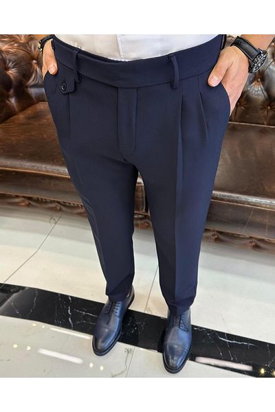 TerziAdemAltun Italian Style Slim Fit Men Pleated Fabric Pants Navy Blue T5288