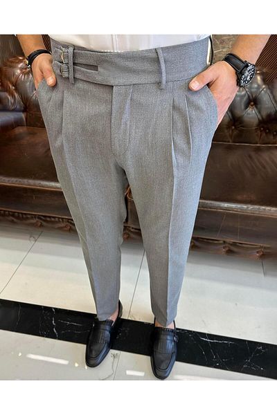 TerziAdemAltun Italian Cut Belted Pleated Anthracite Fabric Trousers T10804