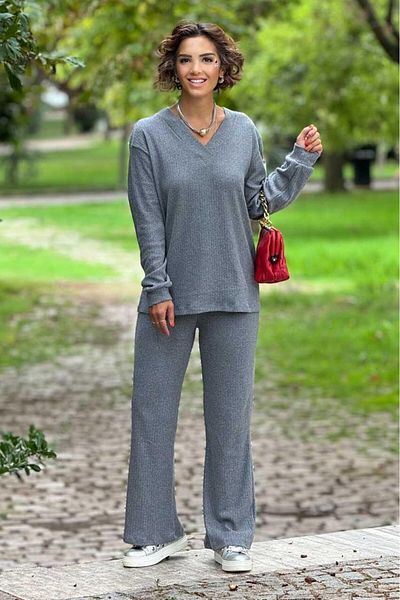Nevin Kaya Moda Gray Color Soft Cotton Trousers Blouse Set