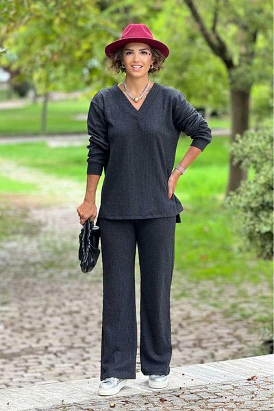 Nevin Kaya Moda Anthracite Color Soft Cotton Trousers Blouse Set