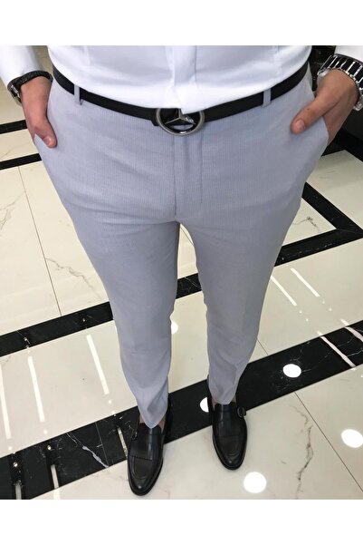 TerziAdemAltun İtalyan Kesim Slim Fit Çizgili Erkek Pantolon Gri T9433