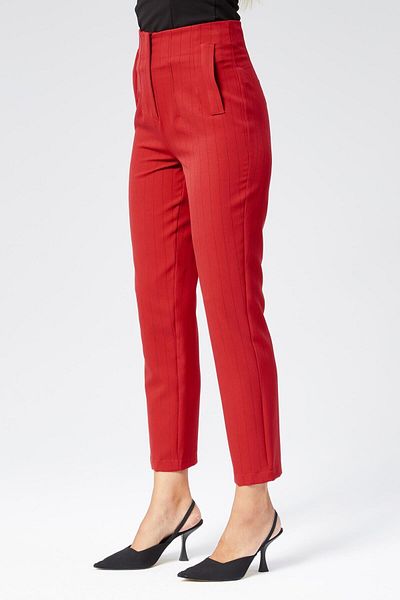 Appleline High Waist and Pocket Women's Striped Fabric Trousers - Red