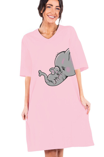 ROCKANDROLL Anne ve Bebek Pembe V Yaka Yarım Kol Diz Boyu Rahat Ev Elbisesi Gecelik