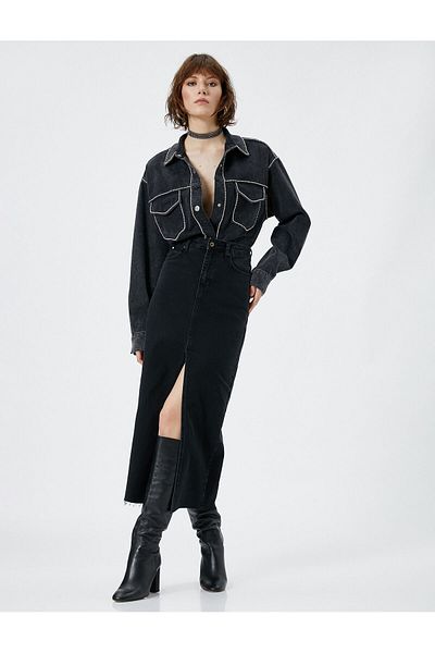 Koton Fustă midi Denim Slit Bumbac Talie Inalta Nasturi
