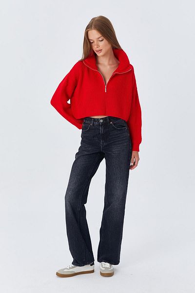 Mixray 6752 Model Red Women's Crop Zippered Sweater