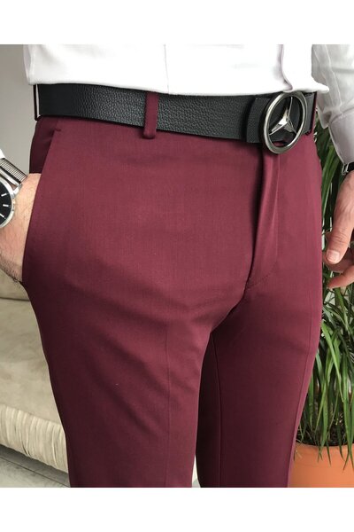 TerziAdemAltun İtalyan stil slim fit erkek kumaş pantolon Bordo T6735