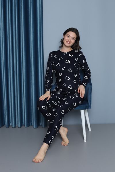 TAMPAP 214 Suede Null Collar Heart Women's Pajamas Set Navy Blue