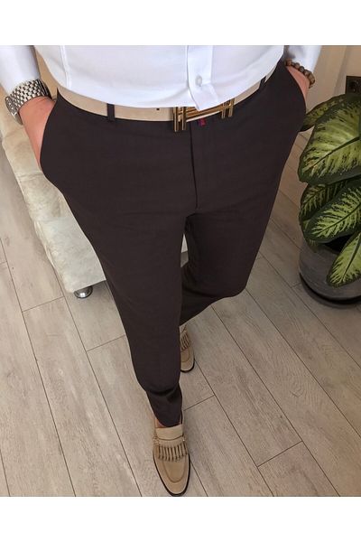 TerziAdemAltun Pantaloni din stofă pentru bărbați slim fit în stil italian maro T4488