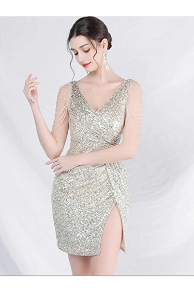 Genel Markalar V YAKA YIRTMAÇLI KOL TAŞ DETAYLI PUL PAYET MİNİ ELBİSE