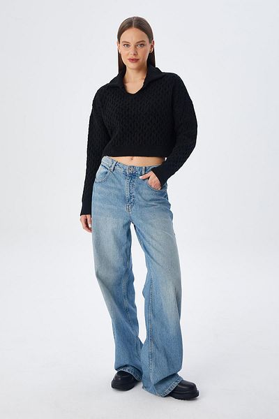 Mixray 6896 Model Black Women's Crop Knitwear Sweater - Knitted Detail