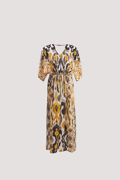 Nomads Felt Yellow Ikat Print Low-Cut Dress