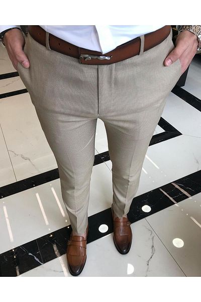 TerziAdemAltun Italian Cut Slim Fit Men's Striped Trousers Camel T9450