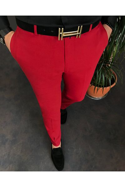 TerziAdemAltun Italian Style Slim Fit Men's Fabric Pants Red T5252