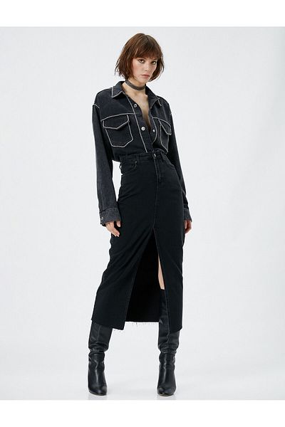 Koton Fustă midi Denim Slit Bumbac Talie Inalta Nasturi