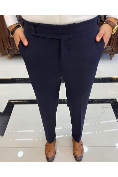 TerziAdemAltun Italian style slim fit waist detailed men's trousers navy blue T10564