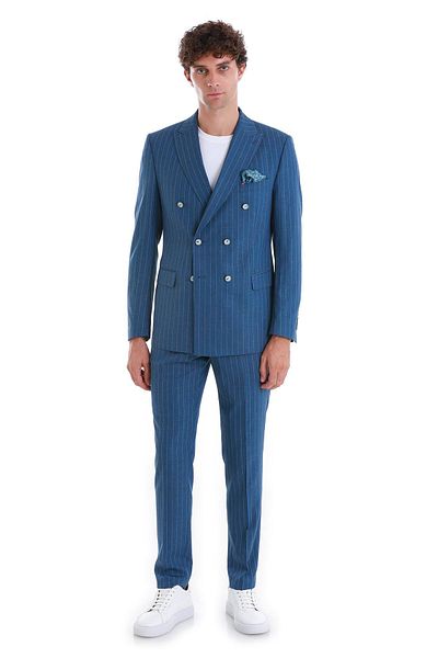 Hatemoğlu Blue Slim Fit Striped Double Breasted Suit