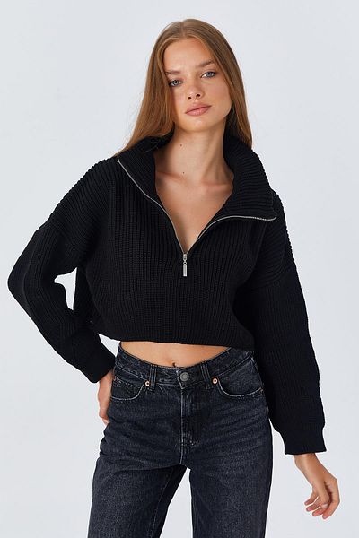 Mixray 6752 Model - Women's Black Crop Zippered Sweater
