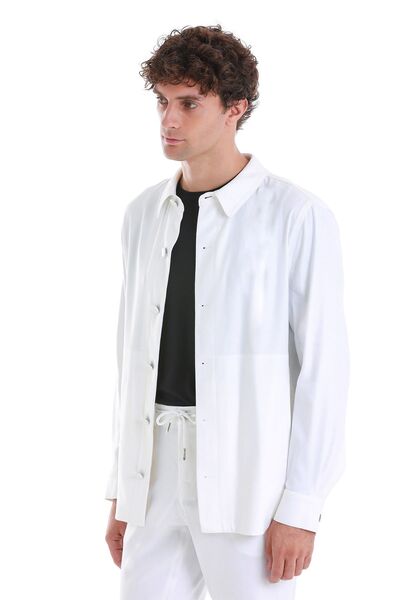 Hatemoğlu Beyaz Regular Fit Düz Mono Yaka Keten Overshirt Spor Takım