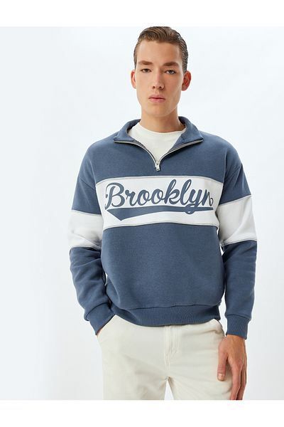 Koton College Printed Oversize Sweatshirt - Half Zipper, Color Block, Cotton Blend