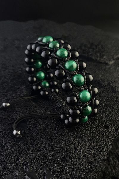 Seven Art Jewelry Natural Stone Malachite and Onyx 3 Row Bracelet - Men's and Women's Bracelet