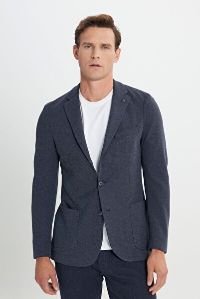 ALTINYILDIZ CLASSICS Slim Fit Dar Kesim Mono Yaka Desenli Torba Cepli Lacivert Ceket