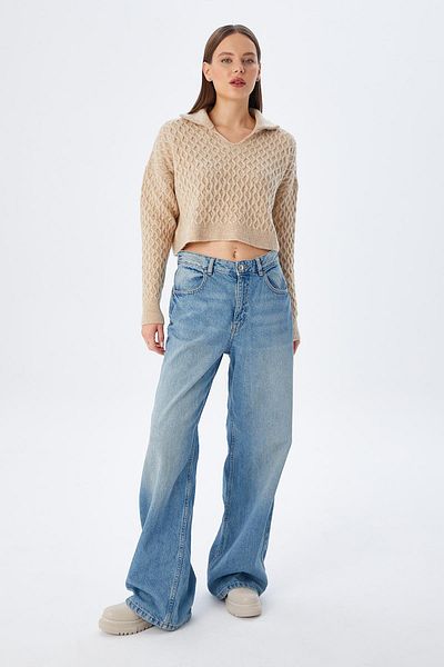 Mixray 6896 Model Crop Knitwear Sweater - Γυναικείο, Πλεκτή Λεπτομέρεια, Camel