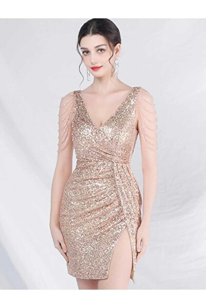 Genel Markalar V YAKA YIRTMAÇLI KOL TAŞ DETAYLI PUL PAYET MİNİ ELBİSE