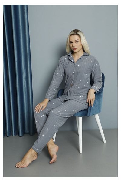 TAMPAP 33005 Shirt Collar Starry Fleece Women's Pajamas Set