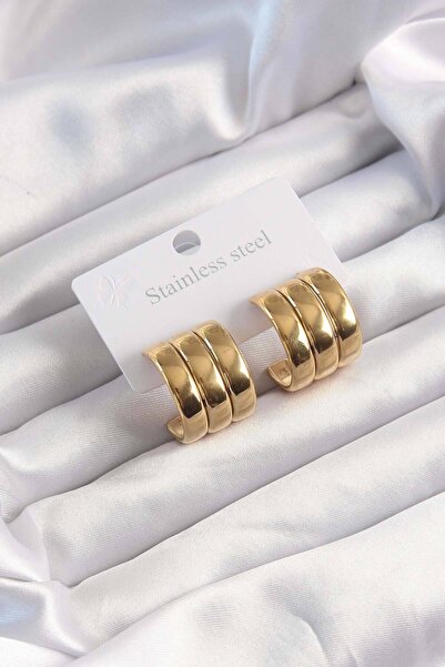 Acousticworld 316L Çelik Altın Renk 3lü Görünüm Bombe Model Yarım Halka Küpe