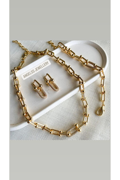 ANGELSS JEWELLERY Zirkon Taşlı Tifanny Model Kolye Bileklik Küpe Seti (Tiff Taşlı Gold Çelik Kolye Bileklik Küpe Seti)