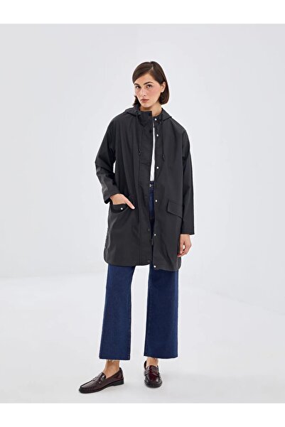 LC Waikiki Black Women's Hooded Plain Raincoat