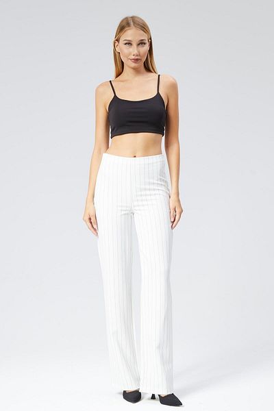 Appleline Pantaloni de damă ALBI din țesătură cu picioare largi în dungi