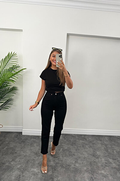 MAKRAS EXCLUSIVE بنطال Lora النسائي ذو الخصر العالي باللون الأسود غير الباهت