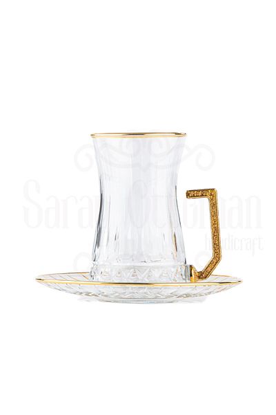 Saray Ottoman handicraft 6-Piece Lux Vertical Cross Saddle Cup with Handle Tea Set - Cup and Tea Set