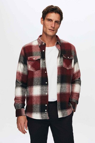 D'S Damat Ds Damat Slim Fit – Weinrotes, kariertes Holzfällerhemd