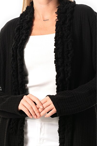 Eliş Şile Bezi Long Sleeve Muslin Jacket with Asymmetric Cut - Autumn and Winter, Black Black