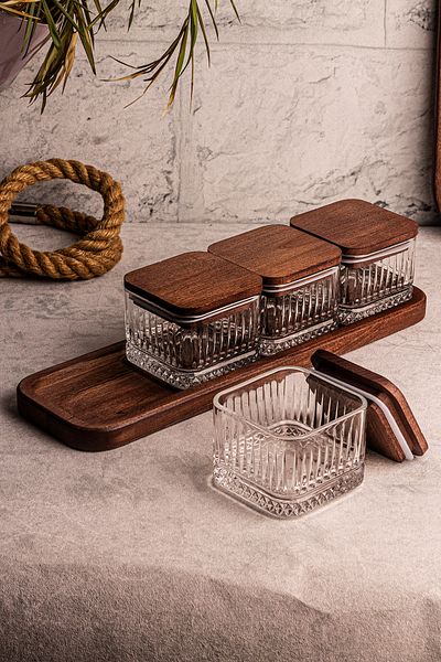 Snippy Bella Square 5 Piece Glass Snack Bowl - Wooden Vacuumed Lid, Breakfast, Multi-Purpose 230 ml