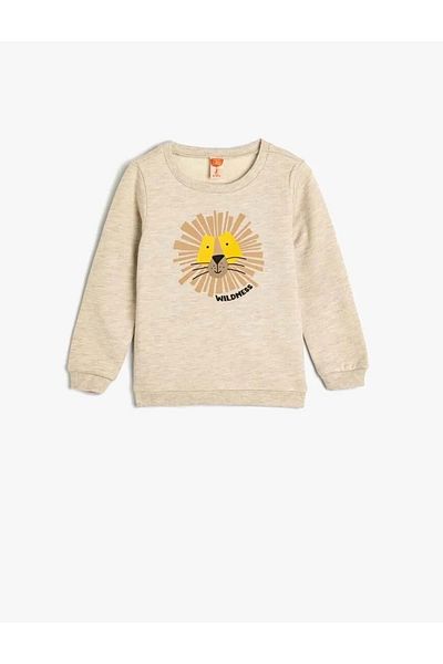 Koton Lion Printed Cotton Sweatshirt - Long Sleeve and Ribbon