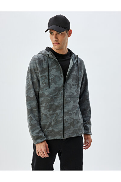 Koton Scuba Fabric maskáčový potisk viskózové směsi - sportovní mikina se zipem a detailem kapsy