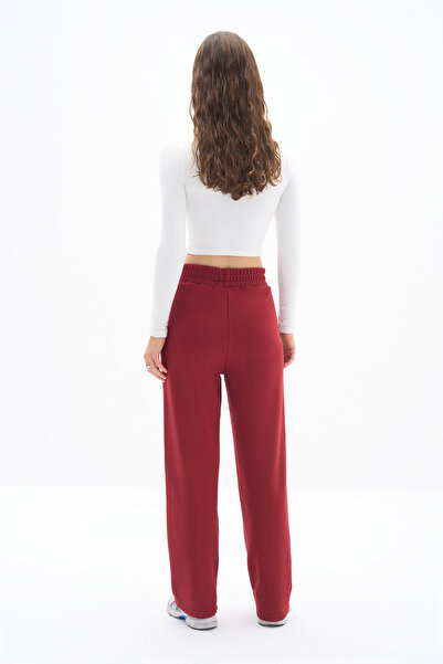 Wear Three Points Lubna Pantolon - Nervür Dikiş Detaylı Üç Iplik Pamuklu Kumaş Wide Leg Bordo Pantolon