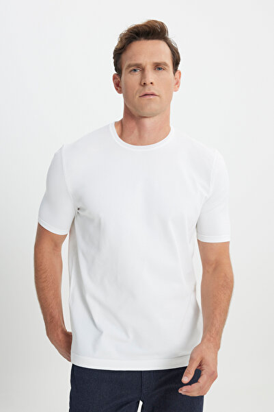 ALTINYILDIZ CLASSICS Ανδρικό πλεκτό μπλουζάκι με κανονική εφαρμογή εκρού με λαιμόκοψη