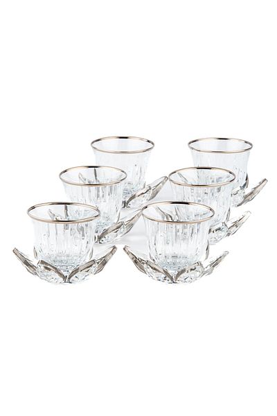 Saray Ottoman handicraft Mırra Set Glass 6-Piece Colored Plates Silver Color Gilded